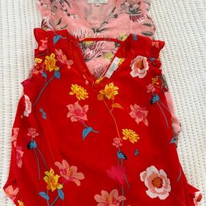 LOFT Red Floral Blouse with Yellow Accents